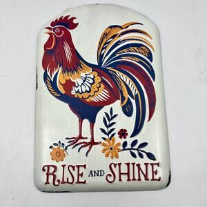 RED SHED PLAQUE SIGN ROOSTER BLUE, RED & ORANGE "RISE AND SHINE" NWT